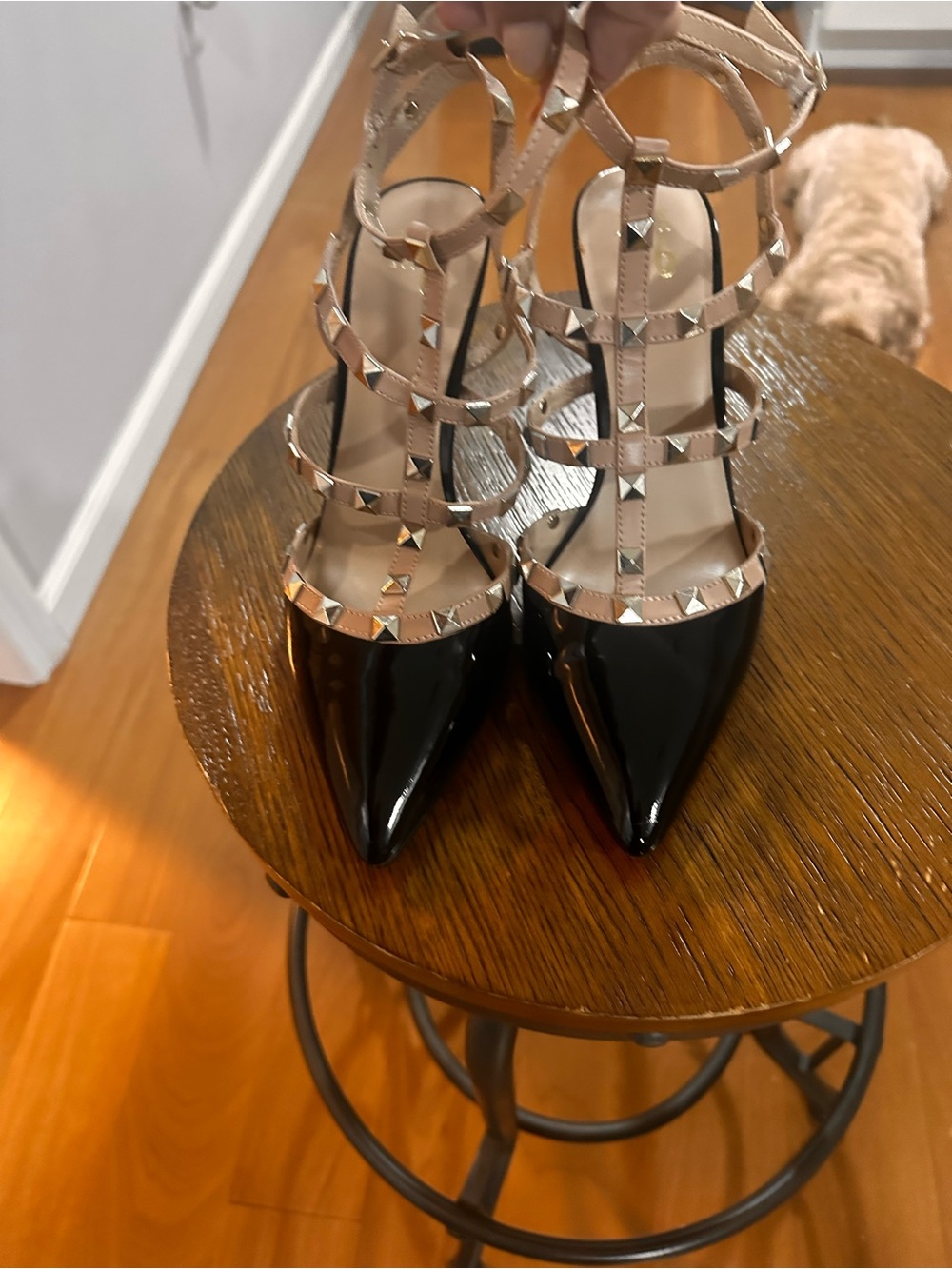 Mix No. 6 Black Patent Pointed-Toe Pumps with Nude Studded Straps